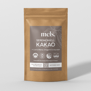 MELS Seremoniell Kakao med chaga, Lion's Mane og Cordyceps, for ro, balanse og meditasjon, adaptogener for hukommelse, konsentrasjon, energi og betennelse